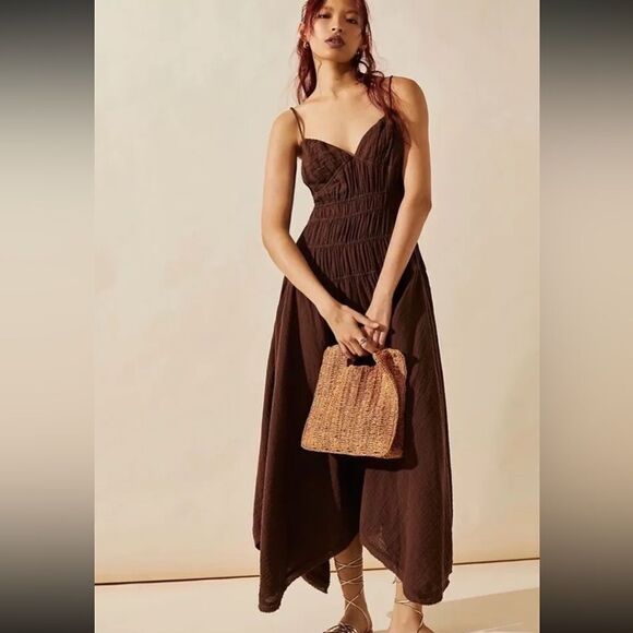 NEW FREE PEOPLE Sz L VERBENA MIDI DRESS BROWN - Picture 1 of 4